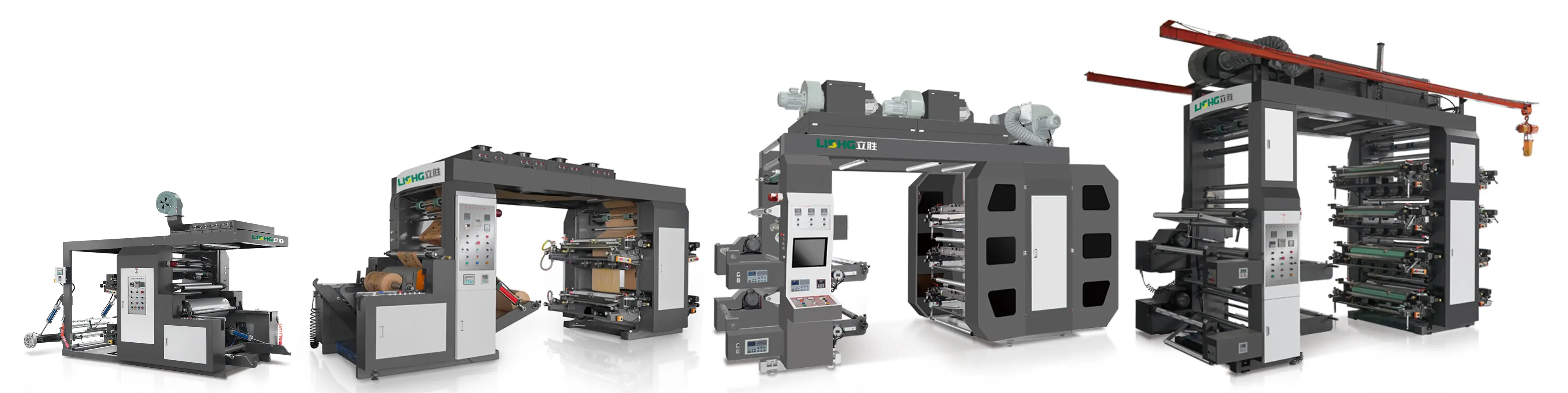 Stack-type flexographic printing press — 2, 4, 6, and 8 color configurations